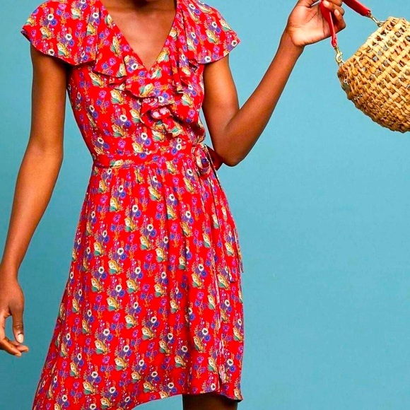 $150 Anthropologie Maeve Wrap Dress Red Floral Rosalia Ruffle Sleeveless Sz 0 - Picture 1 of 11
